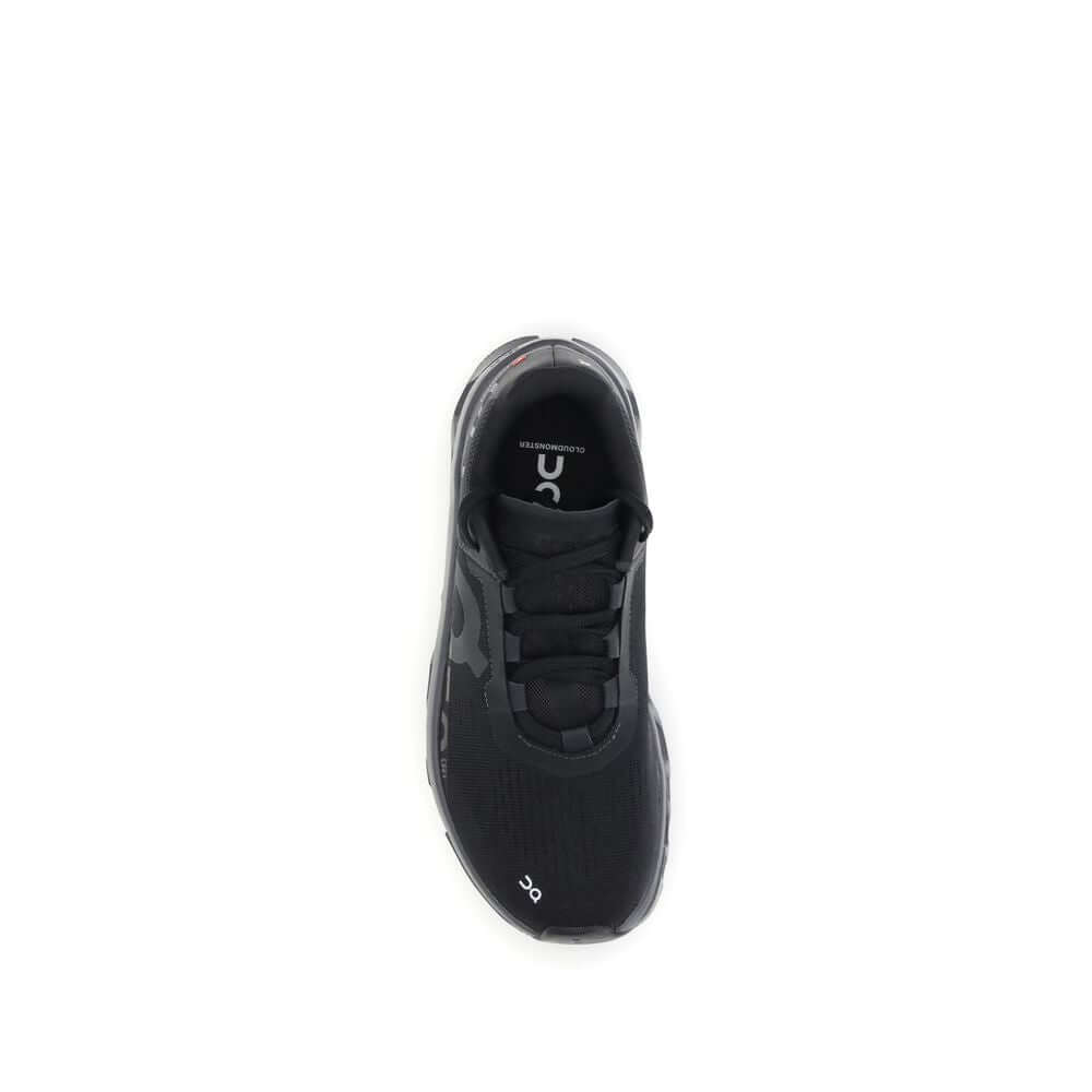 Top view of ON Black Polyester Athletic Sneakers showcasing lace-up design and logo detail.