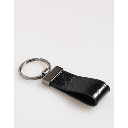 Dolce & Gabbana Black Leather Logo Metal Ring Keychain Holder Men Keyring