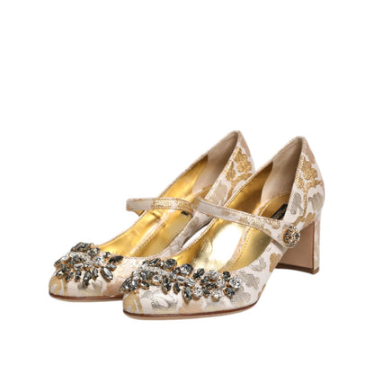 Dolce & Gabbana Gold Jacquard Crystal Mary Janes Pumps Shoes