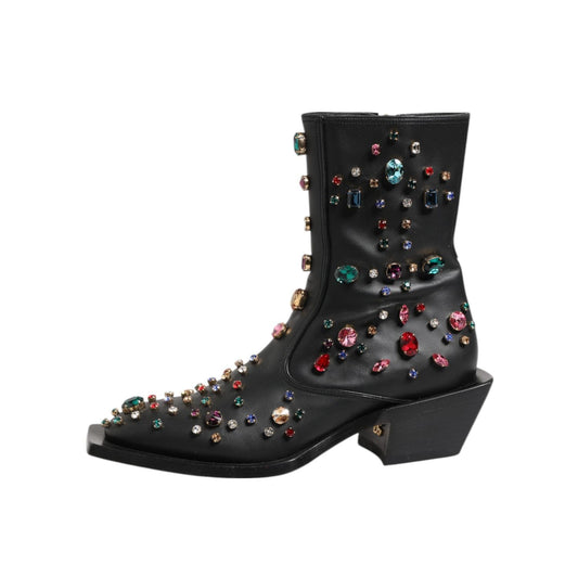 Dolce & Gabbana Black Crystal Cowboy Leather Men Boots Shoes