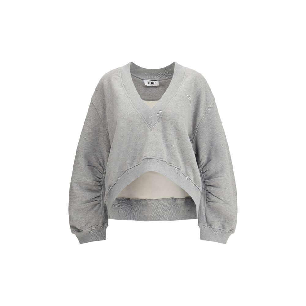 The Attico Gray Cotton Sweatshirt with deep V-neckline and rubberized logo label, featuring an oversized fit and faded grey melange finish.