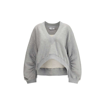 The Attico Gray Cotton Sweatshirt with deep V-neckline and rubberized logo label, featuring an oversized fit and faded grey melange finish.