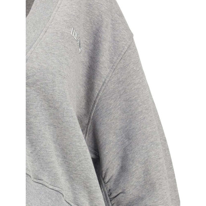 Close-up of The Attico Gray Cotton Sweatshirt featuring deep V-neckline and rubberized logo label, perfect for a relaxed impactful look.