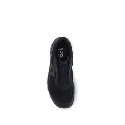 Top view of ON Black Recycled Polyester Athletic Sneakers with breathable mesh and Speedboard® plate.