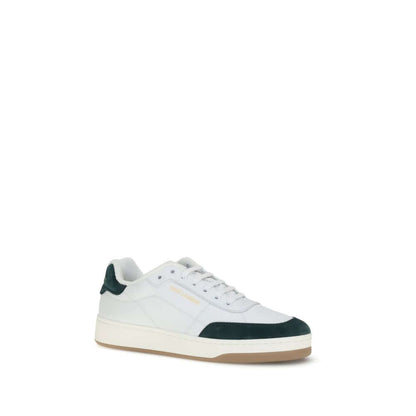 Saint Laurent White Calf Leather Bos Taurus Low Top Sneakers with suede panel and flat sole, logo on side and heel, AW25 collection.