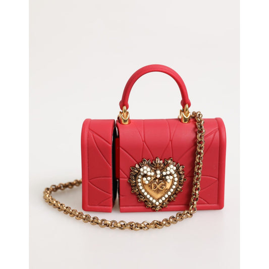 Dolce & Gabbana Red Silicone Devotion Heart Cover Bag Women Airpods Case with gold chain, stylish and elegant design.
