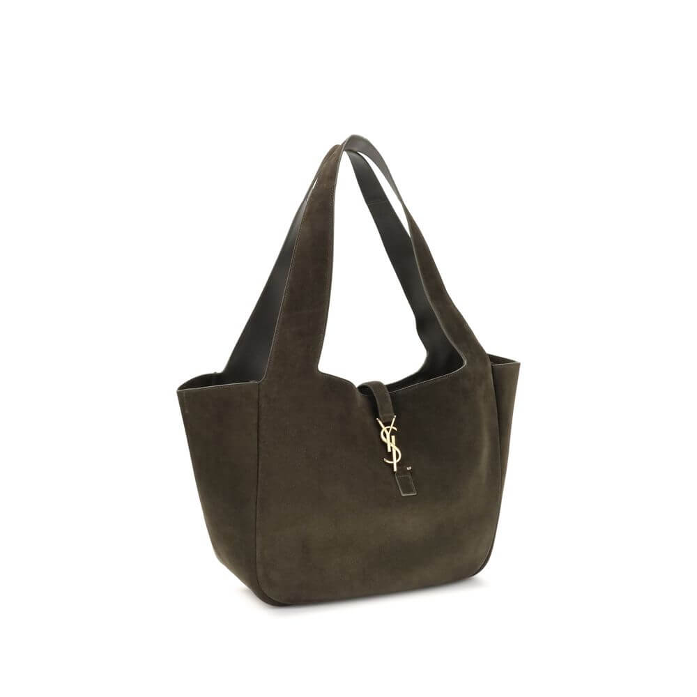 Alt Tag: Elegant Saint Laurent Green Le 5 à 7 Bea Tote Bag in suede leather with Cassandre logo and versatile top handles for stylish carrying.