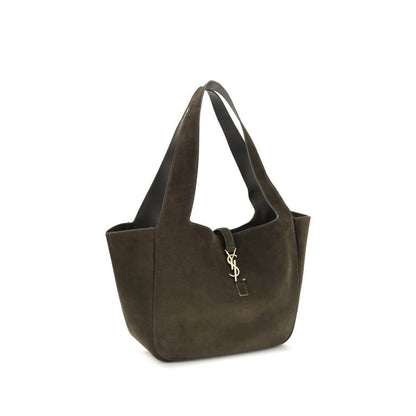 Alt Tag: Elegant Saint Laurent Green Le 5 à 7 Bea Tote Bag in suede leather with Cassandre logo and versatile top handles for stylish carrying.