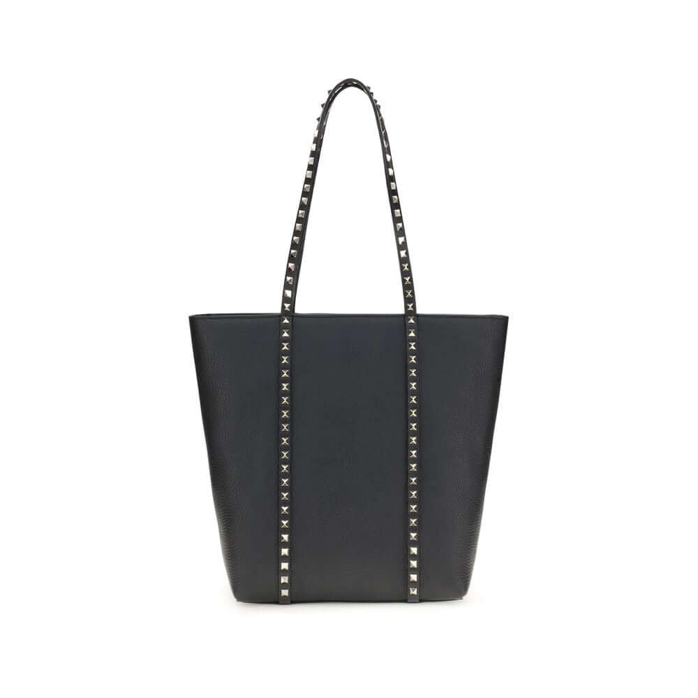 Valentino Garavani Black Calf Leather Bos Taurus Shoulder Bag with platinum-finish studs