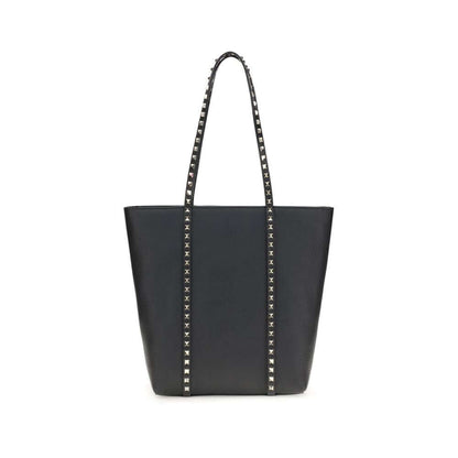 Valentino Garavani Black Calf Leather Bos Taurus Shoulder Bag with platinum-finish studs