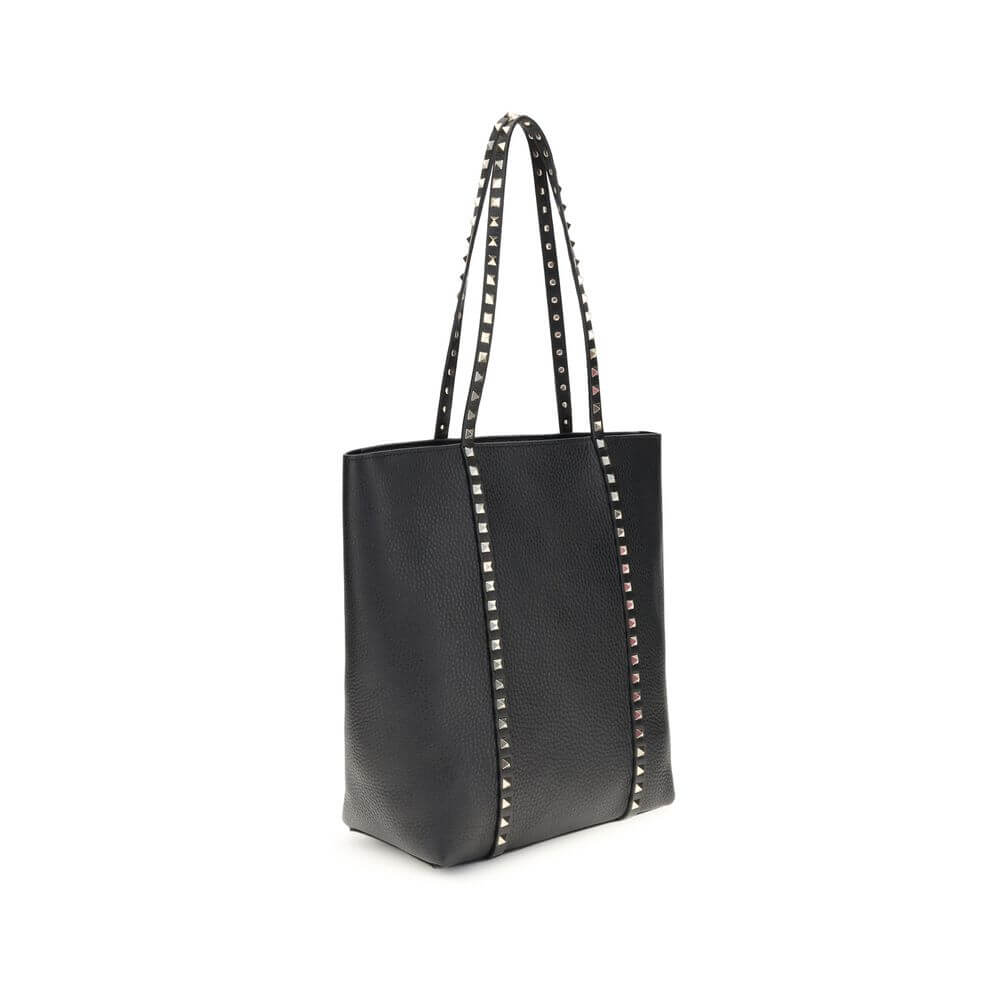 Valentino Garavani Black Calf Leather Bos Taurus Shoulder Bag with platinum-finish studs, side view.