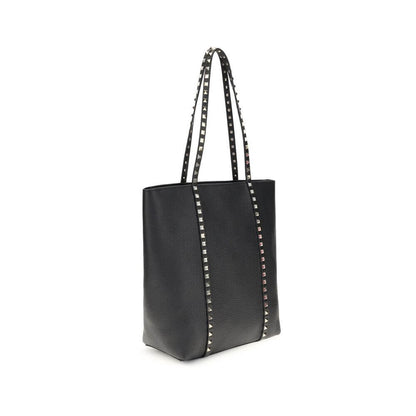 Valentino Garavani Black Calf Leather Bos Taurus Shoulder Bag with platinum-finish studs, side view.