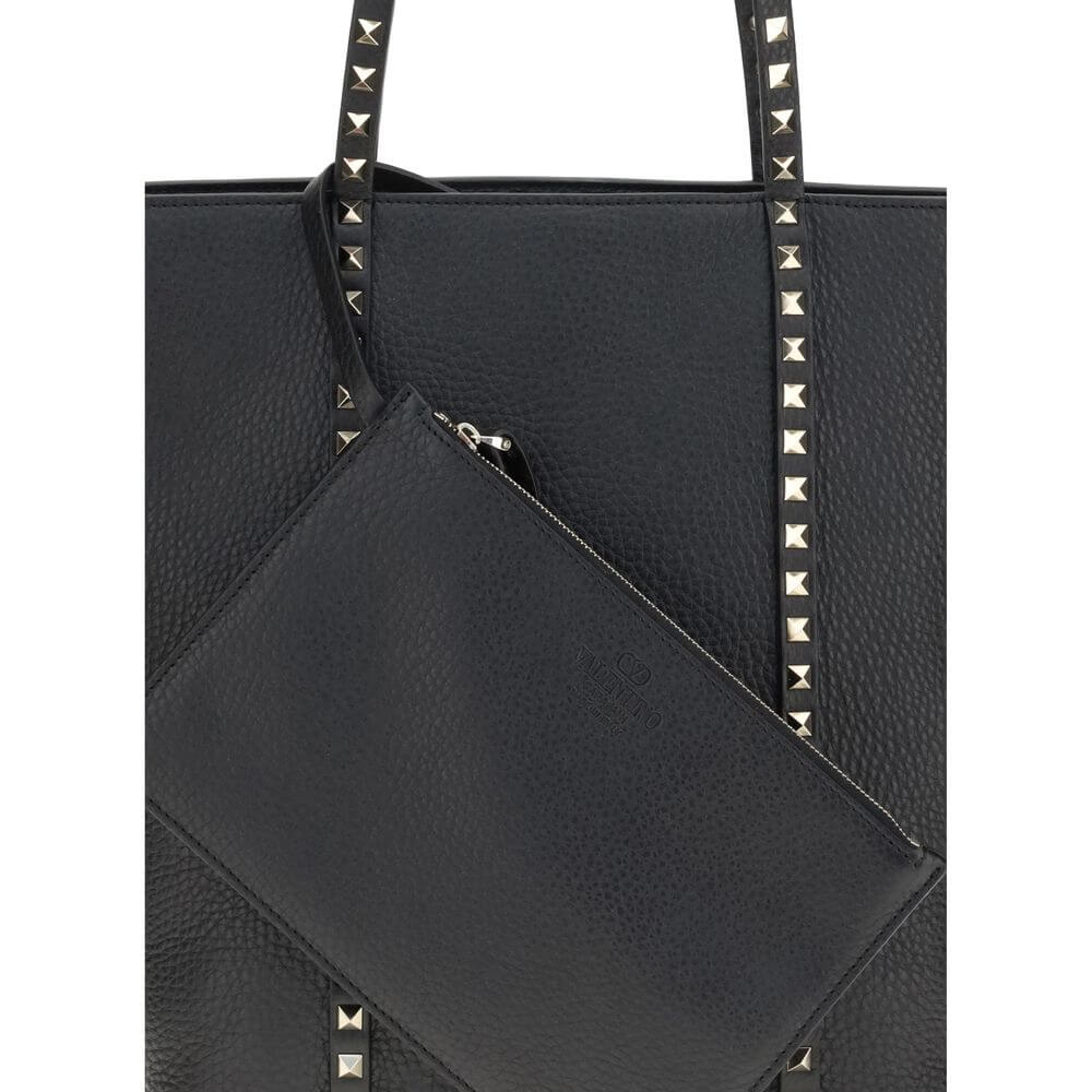 Valentino Garavani Black Calf Leather Bos Taurus Shoulder Bag with Rockstud detailing and removable pouch