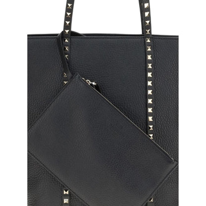 Valentino Garavani Black Calf Leather Bos Taurus Shoulder Bag with Rockstud detailing and removable pouch