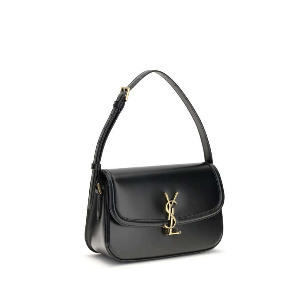 Saint Laurent Black Calf Leather Bos Taurus Shoulder Bag with bronze Cassandre logo and adjustable strap, elegant and structured design.