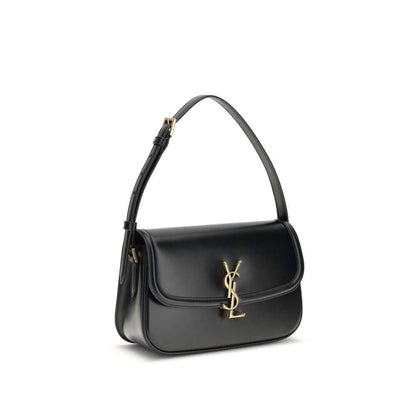 Saint Laurent Black Calf Leather Bos Taurus Shoulder Bag with bronze Cassandre logo and adjustable strap, elegant and structured design.