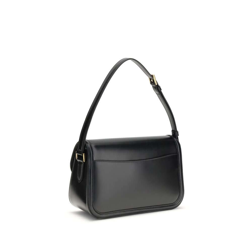 Saint Laurent Black Calf Leather Bos Taurus Shoulder Bag with bronze Cassandre logo on side view