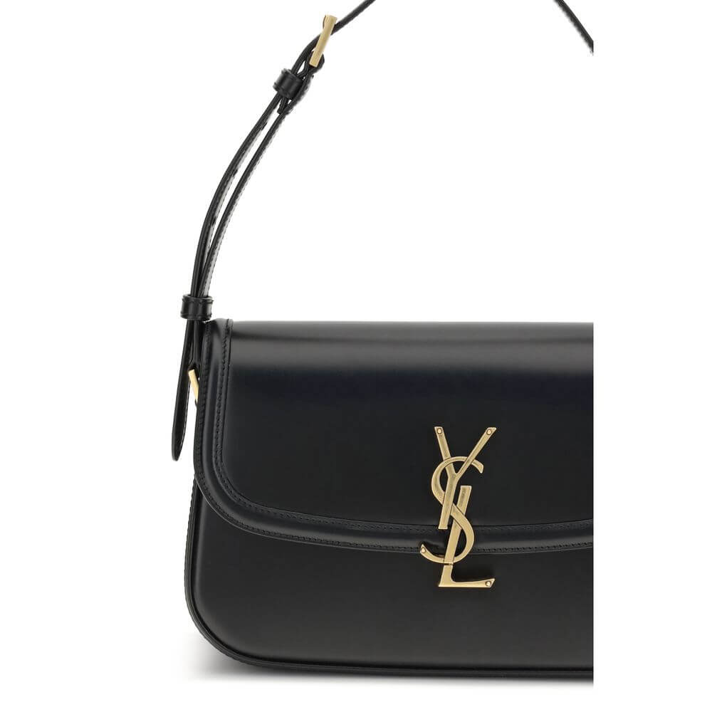Saint Laurent Black Calf Leather Bos Taurus Shoulder Bag with Cassandre logo detail and adjustable strap.