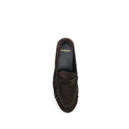 Saint Laurent Brown Calf Leather Bos Taurus Slip-On Loafers top view with Cassandre embellishment and leather sole.