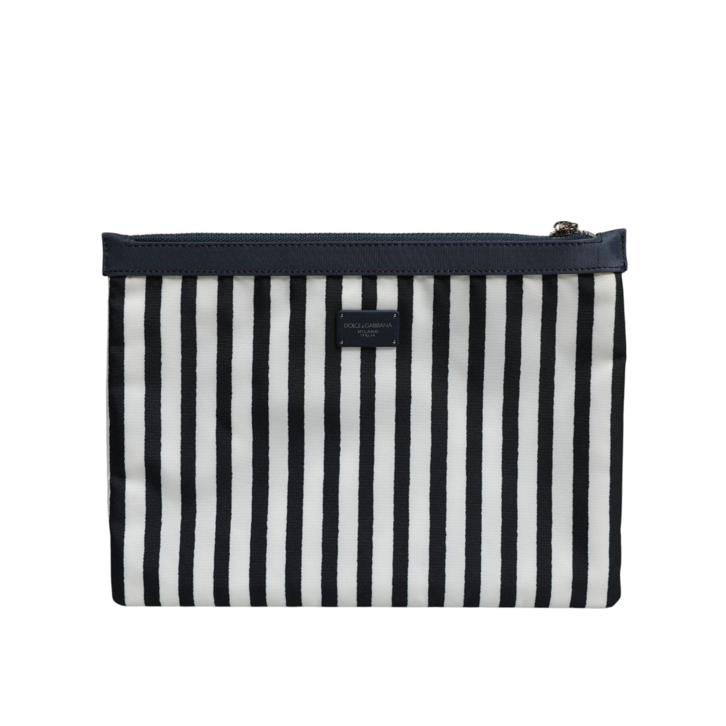 Dolce & Gabbana Black White Striped Logo Plaque Clutch Pouch Bag BAG4684