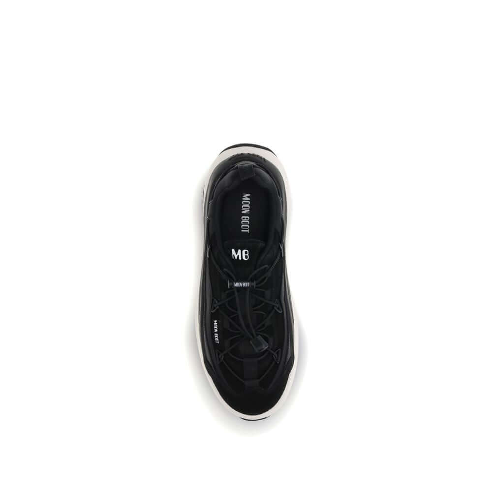 Top view of Moon Boot Black Polyester Athletic Sneakers with crisscross laces and logo on outsole.