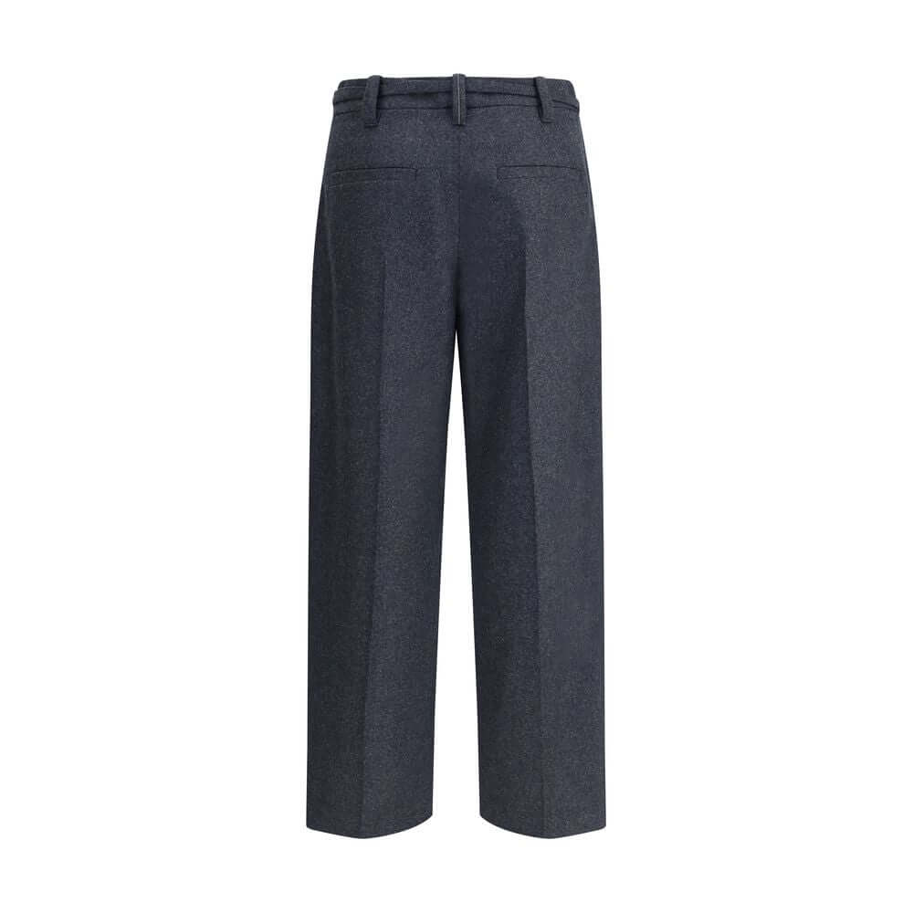 Brunello Cucinelli Gray Fleece Wool Casual Pants with straight leg, belt loops, and welt pockets, rear view showcasing modern elegance.