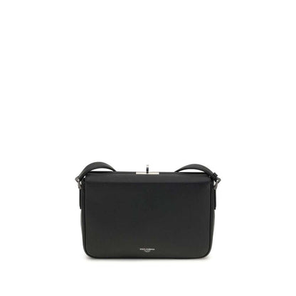 Dolce & Gabbana Black Calf Leather Bos Taurus Shoulder Bag with adjustable strap and metal zipper closure.