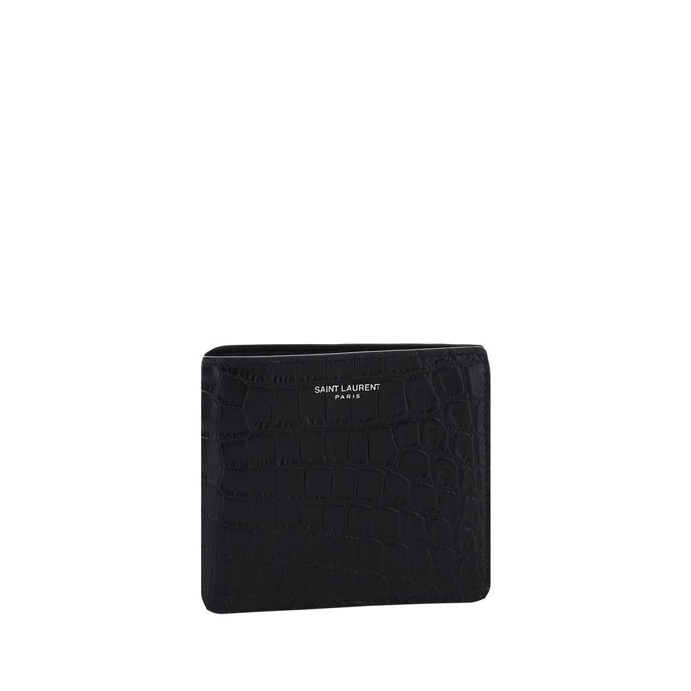 Saint Laurent Black Calf Leather Bos Taurus Wallet with embossed monogram, featuring card and bill slots, luxury design.