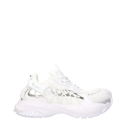 Versace White Leather Athletic Sneakers with lace-up closure, featuring front and side logos, round toe, and rubber sole, MPN 10167111A118611W000.
