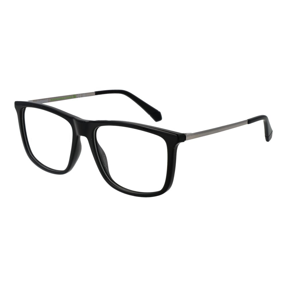 Polaroid Black Men Glasses Frame, full-rim rectangular polyester frame, black color, 55-0-145 size, with demo plastic lenses.