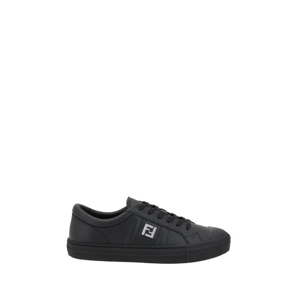Fendi Black Calf Leather Bos Taurus Athletic Sneakers with logo and lace-up closure, side view