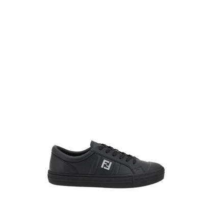 Fendi Black Calf Leather Bos Taurus Athletic Sneakers with logo and lace-up closure, side view