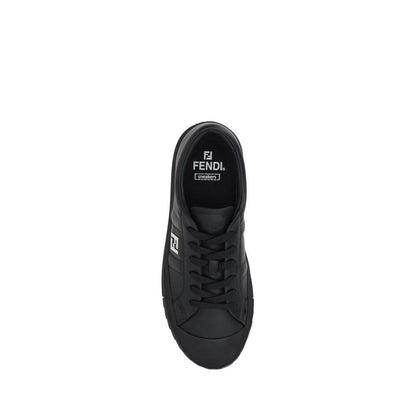 Top view of Fendi Black Calf Leather Bos Taurus Athletic Sneakers showcasing the sleek design and iconic logo on the insole.