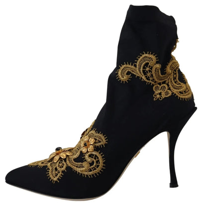 Dolce & Gabbana Black Gold Embroidery Crystal Boots Shoes