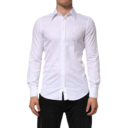 Dolce & Gabbana White Cotton MARTINI Paisley Jacquard Shirt displayed on model, slim fit, button closure, made in Italy.