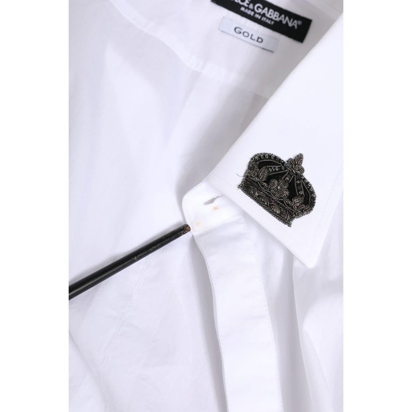 Dolce & Gabbana White Cotton Crown Collar GOLD Formal Shirt with embroidered crown patches, luxury craftsmanship.