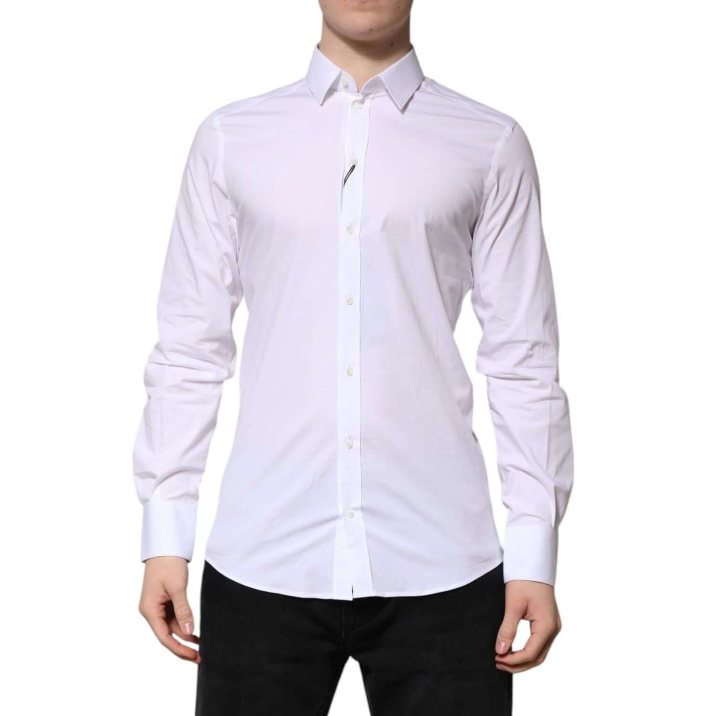 Dolce & Gabbana White Cotton GOLD Long Sleeves Formal Shirt with slim fit, showcasing luxury tailoring and subtle gold detailing.