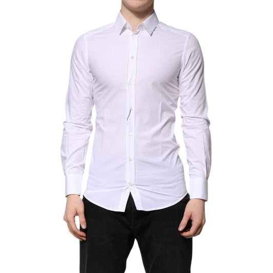 Dolce & Gabbana White Cotton GOLD Long Sleeves Dress Shirt with slim fit design, showcasing luxury Italian tailoring.