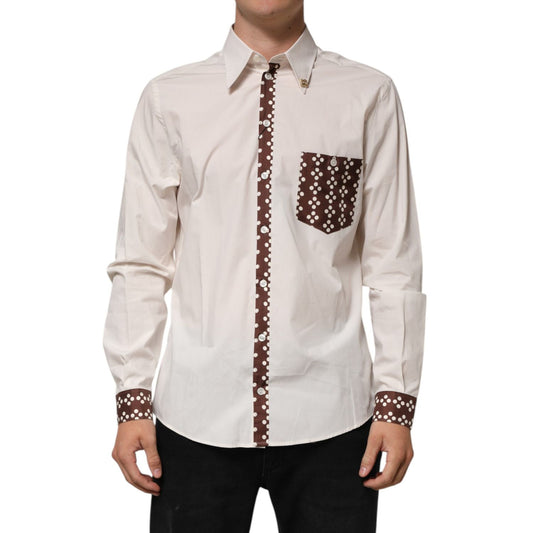 Dolce & Gabbana Cream White Cotton Polka Dot Slim Fit Shirt featuring brown accents on placket, pocket, and cuffs.