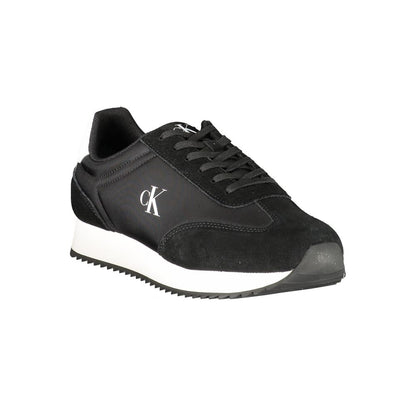 Calvin Klein Black Leather Men Sneaker, stylish sports shoe with white accents and logo, ideal for fashion-conscious individuals. Shop now.