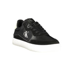Calvin Klein Black Leather Men Sneaker with iconic logo, sleek black design, and removable footbed for modern style and comfort.