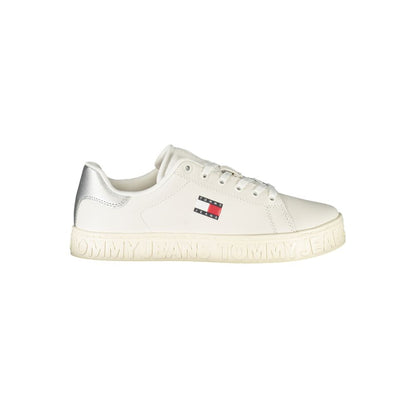 Tommy Hilfiger White Leather Women Sneaker with silver accents and logo, perfect for style and comfort.