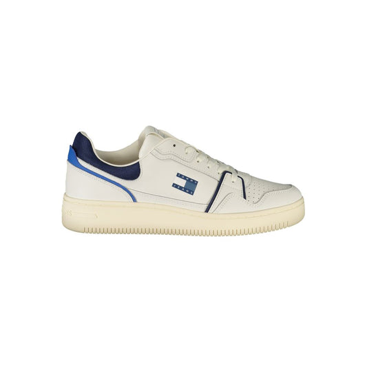 Tommy Hilfiger White Leather Men Sneaker with blue accents and iconic logo, perfect blend of style and comfort.