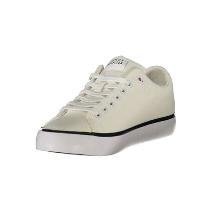 Tommy Hilfiger White Polyester Men Sneaker with signature logo, featuring sleek design and cushioned footbed for comfort and style.