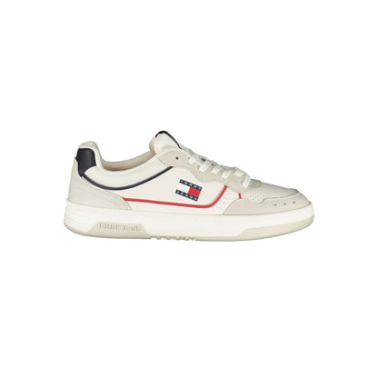 Tommy Hilfiger White Leather Men Sneaker with red and blue accents, offering style and comfort with a customizable fit.