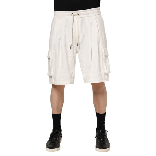 Dolce & Gabbana White Cotton Cargo Bermuda Sweatshorts Shorts with drawstring waist and cargo pockets. Casual and stylish men's shorts.