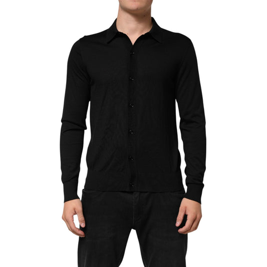Dolce & Gabbana Black Silk Button Up Lightweight Sweater on model.