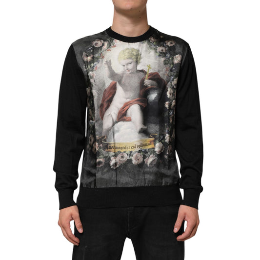 Dolce & Gabbana Black Cashmere Cherub Print Baroque Sweater with luxurious Italian design and cherub detail.