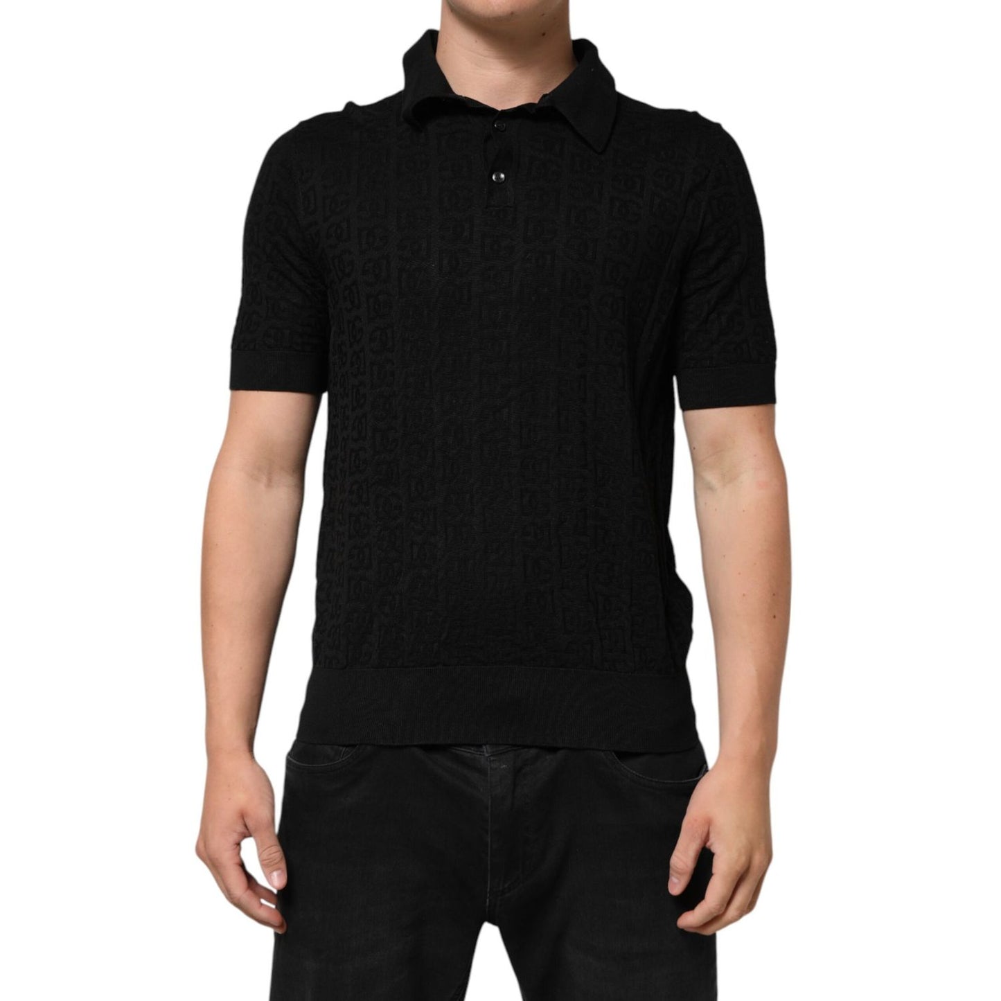 Dolce & Gabbana Black Silk Jacquard DG Polo Shirt T-shirt with monogram pattern, Italian style, and classic polo collar.
