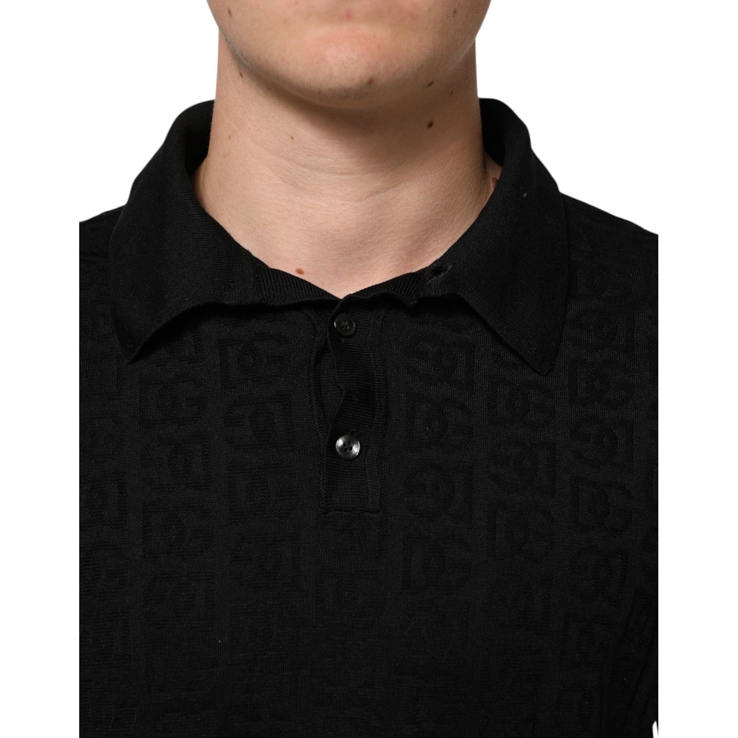 Dolce & Gabbana Black Silk Jacquard DG Polo Shirt T-shirt with collar and button placket, featuring DG monogram pattern.